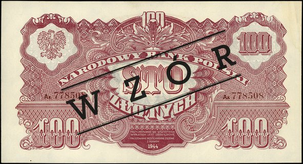 100 złotych 1944, seria Ax, numeracja 778508, w klauzuli \obowiązkowe, po obu stronach ukośny nadruk \"WZÓR, Miłczak 118b