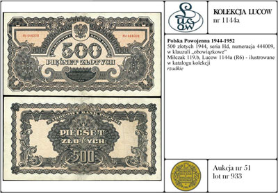 500 złotych 1944, seria Hd, numeracja 444009, w klauzuli \obowiązkowe, Miłczak 119b