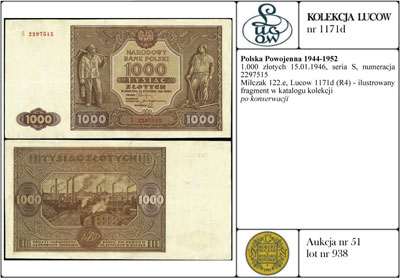 1.000 złotych 15.01.1946, seria S, numeracja 2297515, Miłczak 122e, Lucow 1171d (R4) - ilustrowany fragment w katalogu kolekcji, po konserwacji