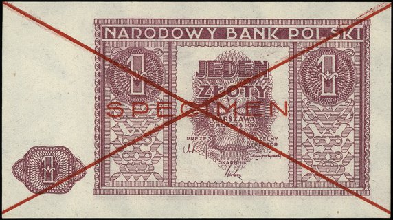 1 złoty 15.05.1946, bez oznaczenia serii i numeracji, po obu stronach dwukrotnie przekreślony i nadruk \SPECIMEN\" w kolorze czerwonym