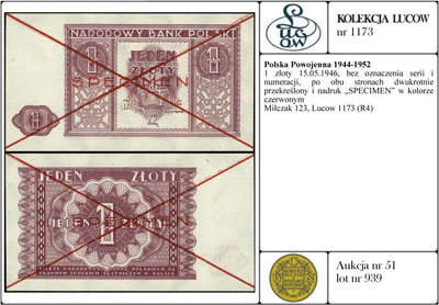 1 złoty 15.05.1946, bez oznaczenia serii i numeracji, po obu stronach dwukrotnie przekreślony i nadruk \SPECIMEN\" w kolorze czerwonym