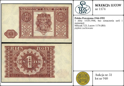 1 złoty 15.05.1946, bez oznaczenia serii i numeracji, Miłczak 123, Lucow 1174 (R0), pięknie zachowane