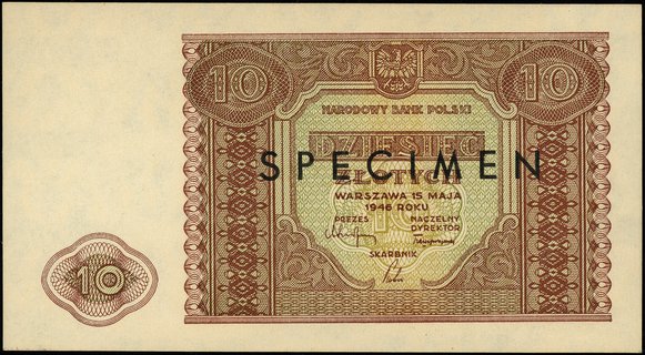 10 złotych 15.05.1946, bez oznaczenia serii i numeracji, po obu stronach nadruk \SPECIMEN\" w kolorze czarnym