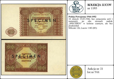 10 złotych 15.05.1946, bez oznaczenia serii i numeracji, po obu stronach nadruk \SPECIMEN\" w kolorze czarnym