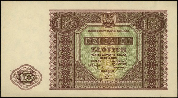 10 złotych 15.05.1946, bez oznaczenia serii i numeracji, Miłczak 126, Lucow 1186 (R1), przyzwoity stan zachowania