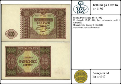 10 złotych 15.05.1946, bez oznaczenia serii i numeracji, Miłczak 126, Lucow 1186 (R1), przyzwoity stan zachowania