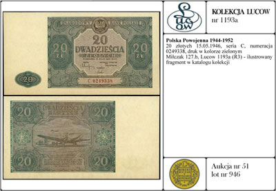 20 złotych 15.05.1946, seria C, numeracja 0249338, druk w kolorze zielonym, Miłczak 127b, Lucow 1193a (R3) - ilustrowany fragment w katalogu kolekcji