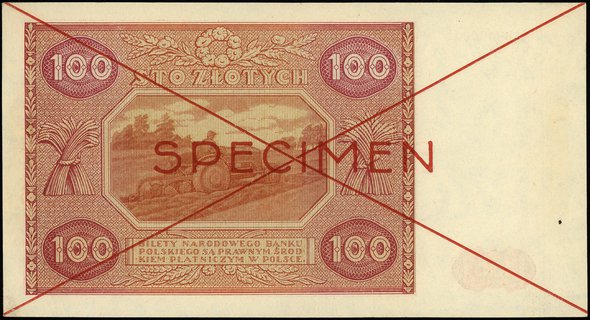 100 złotych 15.05.1946, seria A, numeracja 1234567 / 8900000, po obu stronach dwukrotnie przekreślony i nadruk \SPECIMEN\" w kolorze czerwonym