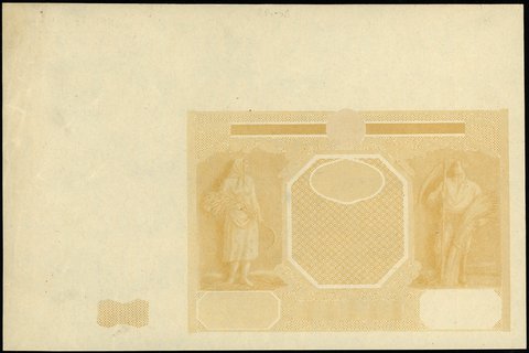 niedokończony druk banknotu 100 złotych 15.05.1946, bez oznaczenia serii i numeracji, papier ze znakami wodnymi, na stronie głównej jedynie poddruk, strona odwrotna czysta, format papieru większy od docelowego banknotu, Miłczak - patrz 129, Lucow 1203a (R7), rzadkie