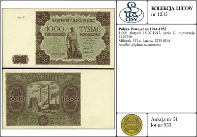 1.000 złotych 15.07.1947, seria C, numeracja 4426756, Miłczak 133a, Lucow 1235 (R4), rzadkie, pięknie zachowane