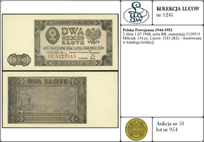 2 złote 1.07.1948, seria BR, numeracja 5129515, Miłczak 134cc, Lucow 1241 (R2) - ilustrowane w katalogu kolekcji