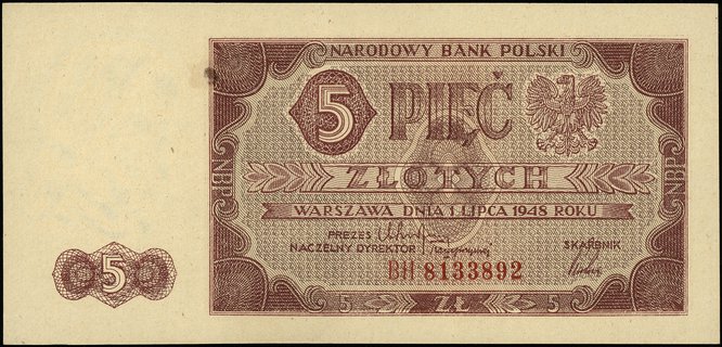 5 złotych 1.07.1948, seria BH, numeracja 8133892, Miłczak 135c, Lucow 1246c (R4), rzadkie, wada papieru