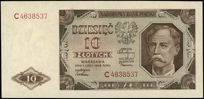 10 złotych 1.07.1948, seria C, numeracja 4638537