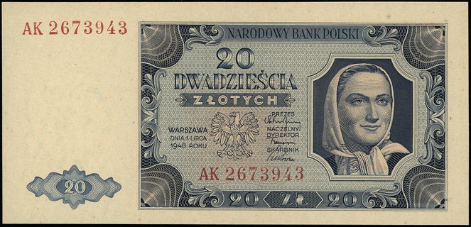 20 złotych 1.07.1948, seria AK, numeracja 2673943, Miłczak 137b, Lucow 1268 (R3), pięknie zachowane