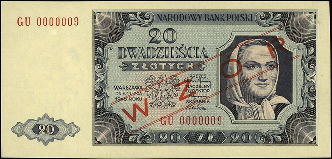 20 złotych 1.07.1948, seria GU, numeracja 0000009, czerwony nadruk \WZÓR, Miłczak 137f