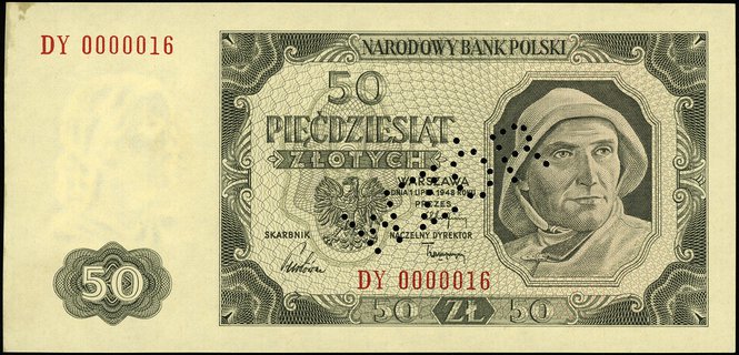 50 złotych 1.07.1948, seria DY, numeracja 000001