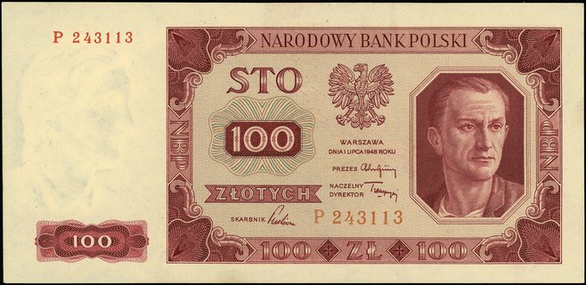 100 złotych 1.07.1948, seria P, numeracja 243113, Miłczak 139a, Lucow 1295 (R4), rzadkie, pięknie zachowane
