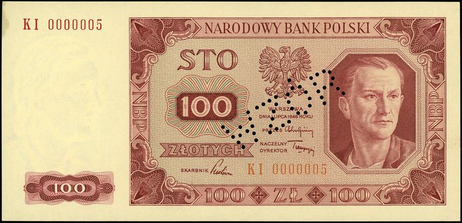 100 złotych 1.07.1948, seria KI, numeracja 0000005, perforacja \WZÓR, Miłczak 139f