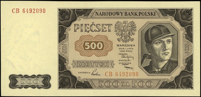 500 złotych 1.07.1948, seria CB, numeracja 6492090, Miłczak 140d, Lucow 1309a (R0), pięknie zachowane