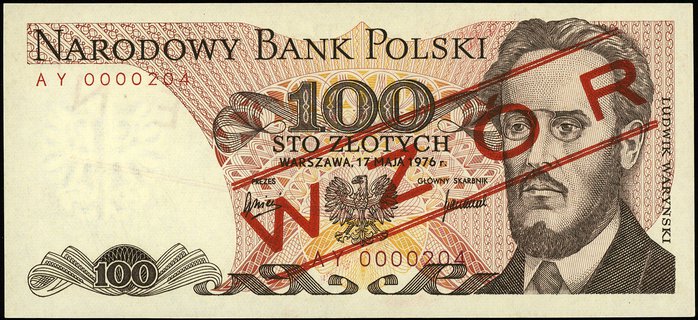100 złotych 17.05.1976, seria AY, numeracja 0000