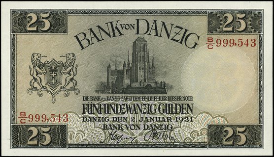 25 guldenów 2.01.1931, seria B/C, numeracja 999543, Ros. 840, Miłczak G49, rzadki banknot w idealnym stanie zachowania