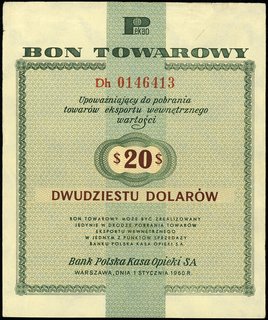 20 dolarów 1.10.1960, seria Dh, numeracja 0146413, z klauzulą na stronie odwrotnej, Miłczak B8b, rzadkie w tym stanie zachowania
