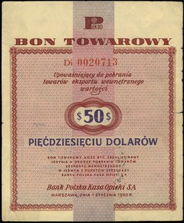 50 dolarów 1.10.1960, seria Di, numeracja 0020713, z klauzulą na stronie odwrotnej, Miłczak B9b, bardzo rzadkie