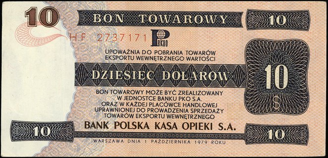 10 dolarów 1.10.1979, seria HF, numeracja 273717
