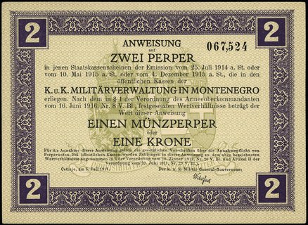 K.u.K. Militärverwaltung (administracja wojskowa), 2 perpera (1 korona) i 5 perpera (2.5 korony) 5.07.1917, 10 perpera (5 koron) 1.06.1917, 20 perpera (10 koron) i 50 perpera (25 koron) 20.11.1917, Pick M149, M150, M151, M152 i M153, łącznie 5 sztuk
