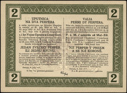 K.u.K. Militärverwaltung (administracja wojskowa), 2 perpera (1 korona) i 5 perpera (2.5 korony) 5.07.1917, 10 perpera (5 koron) 1.06.1917, 20 perpera (10 koron) i 50 perpera (25 koron) 20.11.1917, Pick M149, M150, M151, M152 i M153, łącznie 5 sztuk