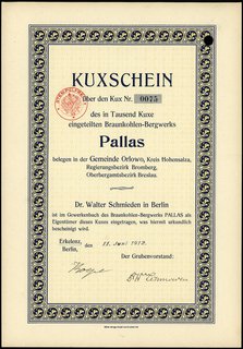Braunkohlen-Bergwerks Pallas, Gemeinde Orlowo, Kreis Hohensalza, Kuxschein nr 0075, Erkelenz / Berlin 11.06.1912, perforacja