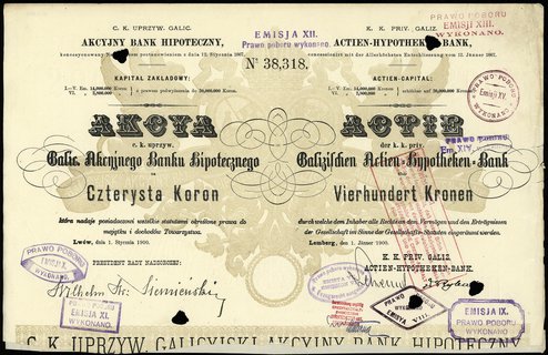 Cesarsko-Królewski Uprzywilejowany Galicyjski Akcyjny Bank Hipoteczny, akcja na 400 koron, Lwów 1.01.1900, talon z 17 kuponami (68-83), Niegrzyb. I-E-13, pięciokrotnie perferowana