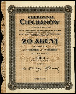 Cukrownia Ciechanów S.A., 20 akcji po 100 złotych = 2.000 złotych, Warszawa 1931, talon bez kuponów, Niegrzyb. X-A-7
