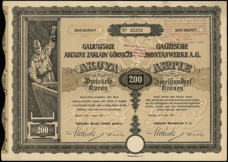 Galicyjskie Akcyjne Zakłady Górnicze, akcja na 200 koron, Siersza 4.05.1918, przewalutowana na 1.000 marek polskich, talon z 4 kuponami (17-20), Niegrzyb. IV-D-4, rzadka i efektowna