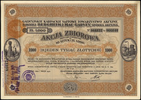 Galicyjskie Karpackie Naftowe Towarzystwo Akcyjne, dawniej Bergheim & Mac Garvey S.A., akcja zbiorowa na 10 sztuk i 1.000 złotych, Lwów 1.05.1932, talon z 14 kuponami (3-16), Niegrzyb. llI-B-4