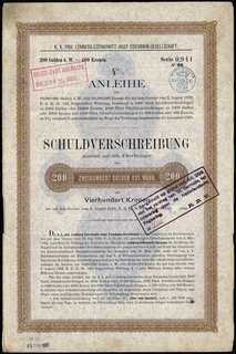 K. K. Priv. Lemberg-Czernowitz-Jassy Eisenbahn-Gessellschaft, 4% pożyczka na 200 guldenów (lub 400 koron), Wiedeń 15.11.1894, talon z 28 kuponami, Niegrzyb. XXI-A-55