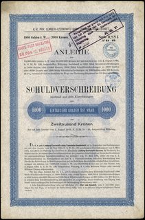 K. K. Priv. Lemberg-Czernowitz-Jassy Eisenbahn-Gessellschaft, 4% pożyczka na 1.000 guldenów (lub 2.000 koron), Wiedeń 15.11.1894, talon z 28 kuponami, Niegrzyb. XXI-A-55, rzadka
