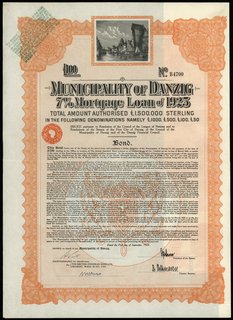 Municipality of Danzig /Magistrat Gdańska/, 7% pożyczka na 100 funtów, Londyn 1.09.1925, z 10 kuponami, bardzo efektowna i ładnie zachowana