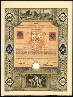 Sierszańskie Zakłady Górnicze S.A., akcja na 100 złotych, emisja VI, Siersza 18.05.1929, talon z 18 kuponami, Niegrzyb. IV-D-4