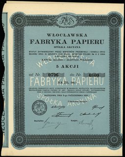 Włocławska Fabryka Papieru S.A., 5 akcji (po 10 złotych) = 50 złotych, Warszawa 5.10.1926, talon z 10 kuponami, Niegrzyb. XVI-A-17, pięknie zachowana