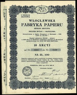 Włocławska Fabryka Papieru S.A., 10 akcji (po 10 złotych) = 100 złotych, I emisja złotowa, Warszawa 1.07.1930, Niegrzyb. XVI-A-17, bardzo rzadka