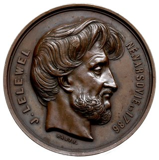 medal autorstwa Laurenta Harta (medalier brukselski) poświęcony Joachimowi Lelewelowi 1858 r., Aw: Głowa Lelewela w prawo