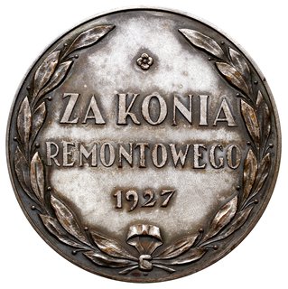 Nagroda Za Konia Remontowego -medal autorstwa S.R.Koźbielewskiego, 1927 r., Aw: Orzeł państwowy i napis w otoku MINISTERSTWO SPRAW WOJSKOWYCH, Rw: Pomiędzy gałązkami oliwnymi napis w trzech wierszach ZA KONIA / REMONTOWEGO / 1927, niżej znak mennicy warszawskiej, brąz srebrzony 50 mm, Strzałkowski 580 (R), oryginalne pudełko mennicy, rzadki