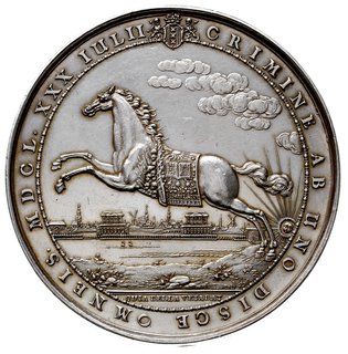 Zakończenie oblężenia Amsterdamu i śmierć Wilhelma II Nassau-Orańskiego 1650 -medal sygnowany SD (Sebastian Dadler), Aw: Na tle panoramy Amsterdamu galopujący koń bez jeźdźca, na czapraku wyhaftowana księga z napisem U / NI / O - RE / LI / GIO niżej SIMULANT, w otoku napis CRIMINE AB UNO DISCEOMNEIS MDCL, w odcinku QUIA BELLA VETEBAT, Rw: Na tle panoramy zamku Den Haag kondukt żałobny, powyżej Faeton rażony gromem przez Zeusa spada do rzeki, wokoło napis MAGNIS EXCIDIT AUSIS MDCL VI NOVEMBRIS, srebro 69 mm, 91.97 g, Maue 76, Więcek 133, pięknie zachowany i efektowny medal jednego z największych medalierów XVII-wiecznych