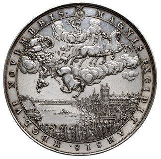 Zakończenie oblężenia Amsterdamu i śmierć Wilhelma II Nassau-Orańskiego 1650 -medal sygnowany SD (Sebastian Dadler), Aw: Na tle panoramy Amsterdamu galopujący koń bez jeźdźca, na czapraku wyhaftowana księga z napisem U / NI / O - RE / LI / GIO niżej SIMULANT, w otoku napis CRIMINE AB UNO DISCEOMNEIS MDCL, w odcinku QUIA BELLA VETEBAT, Rw: Na tle panoramy zamku Den Haag kondukt żałobny, powyżej Faeton rażony gromem przez Zeusa spada do rzeki, wokoło napis MAGNIS EXCIDIT AUSIS MDCL VI NOVEMBRIS, srebro 69 mm, 91.97 g, Maue 76, Więcek 133, pięknie zachowany i efektowny medal jednego z największych medalierów XVII-wiecznych
