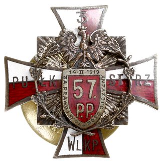odznaka 57 Pułku Piechoty - Poznań (pierwotnie 3 Pułk Strzelców Wielkopolskich), wzór 3, brąz srebrzony, emalia, 42 x 42 mm, na nakrętce sygnatura ST. ZYGMANIAK / POZNAŃ Sawicki/Wielechowski ss. 100-101