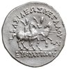 tetradrachma ok. 160-135 pne, Pushkalavati, Aw: Popiersie króla w hełmie w prawo, Rw: Dioskurowie ..