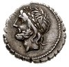 denar serratus 106 pne, Rzym, Aw: Głowa Jowisza w lewo, Rw: Jowisz w kwadrydze w prawo, u góry A, ..