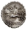 denar serratus 106 pne, Rzym, Aw: Głowa Jowisza w lewo, Rw: Jowisz w kwadrydze w prawo, u góry A, ..