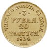 3 ruble = 20 złotych 1834, Petersburg, złoto 3.91 g, Plage 299, Bitkin 1075 (R), ładnie zachowane